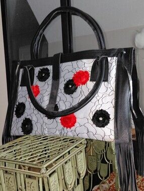 Black and White Floral Tote Bag with Red Accents
